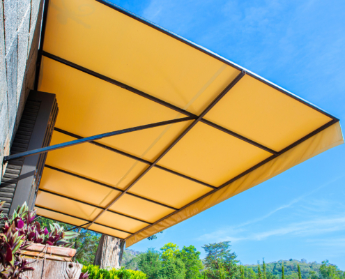 Underneath view of a yellow awning